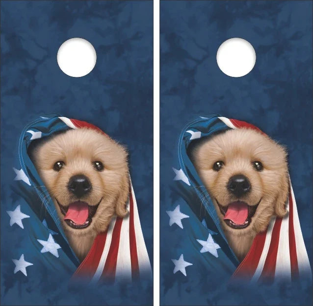 USA American Flag Light Color Puppy Dog Cornhole Wraps