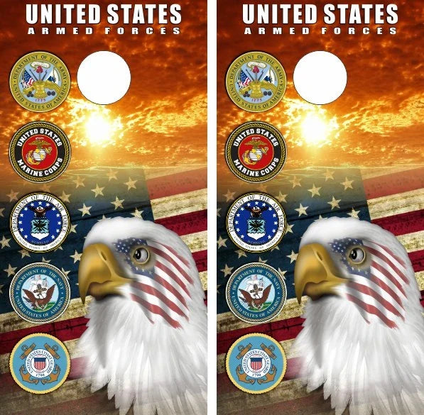United States Armed Forces 5 Branches Bald Eagle with Sunset American Flag Background Cornhole Wraps