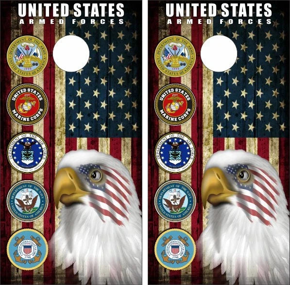 United States Armed Forces 5 Branches Bald Eagle on Vintage American Flag Background Cornhole Wraps