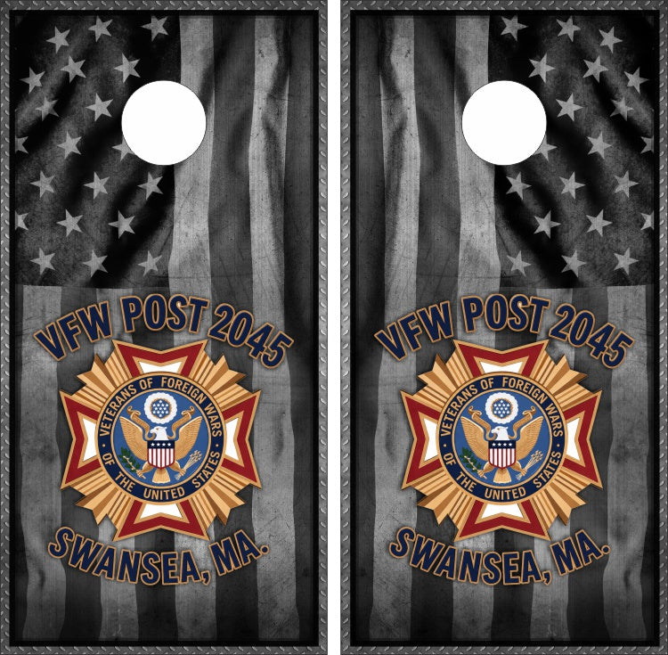VFW Post 2045 Swansea, MA Veterans with Gray Grunge American Flag Background Cornhole Wraps