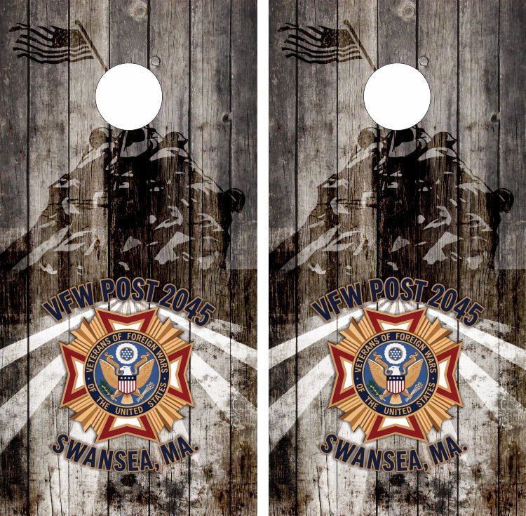 VFW Post 2045 Swansea, MA Veterans with Weathered Wood Iwo Jima Background Cornhole Wraps