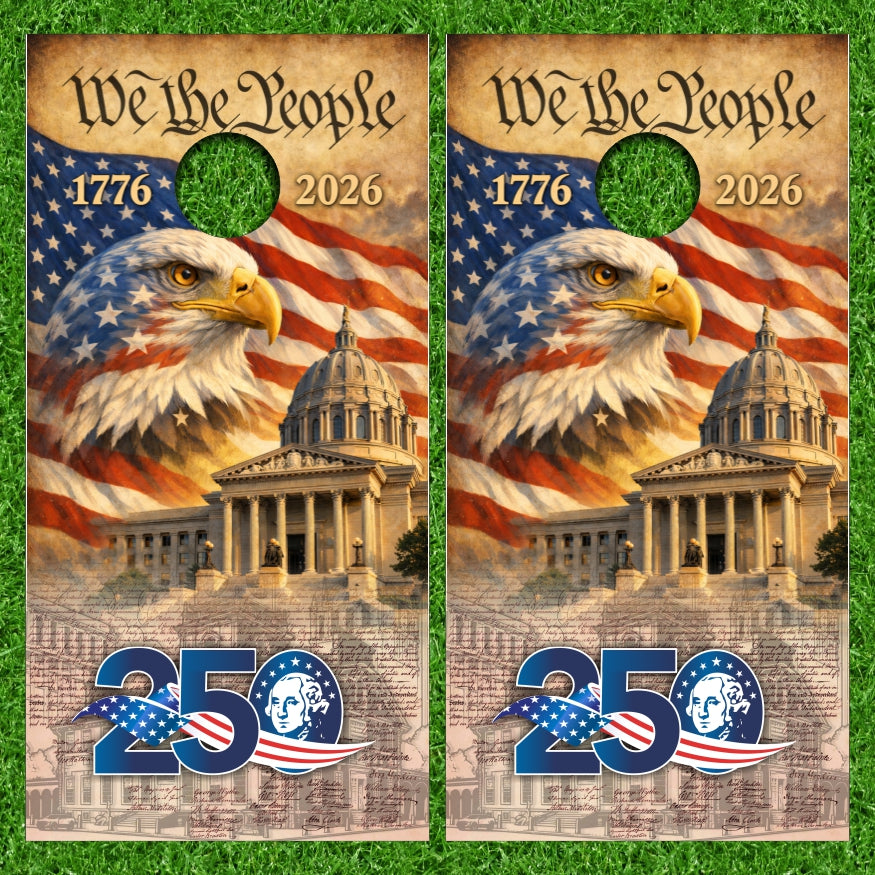 250 Years Anniversary We The People 1776-2026 Constitution Eagle Collage Style Cornhole Wraps