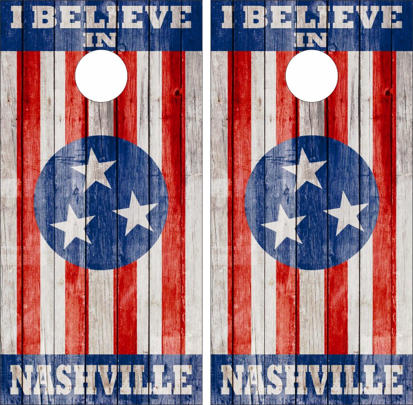 I Believe In Nashville Tennessee Flag Weathered Wood Cornhole Wraps