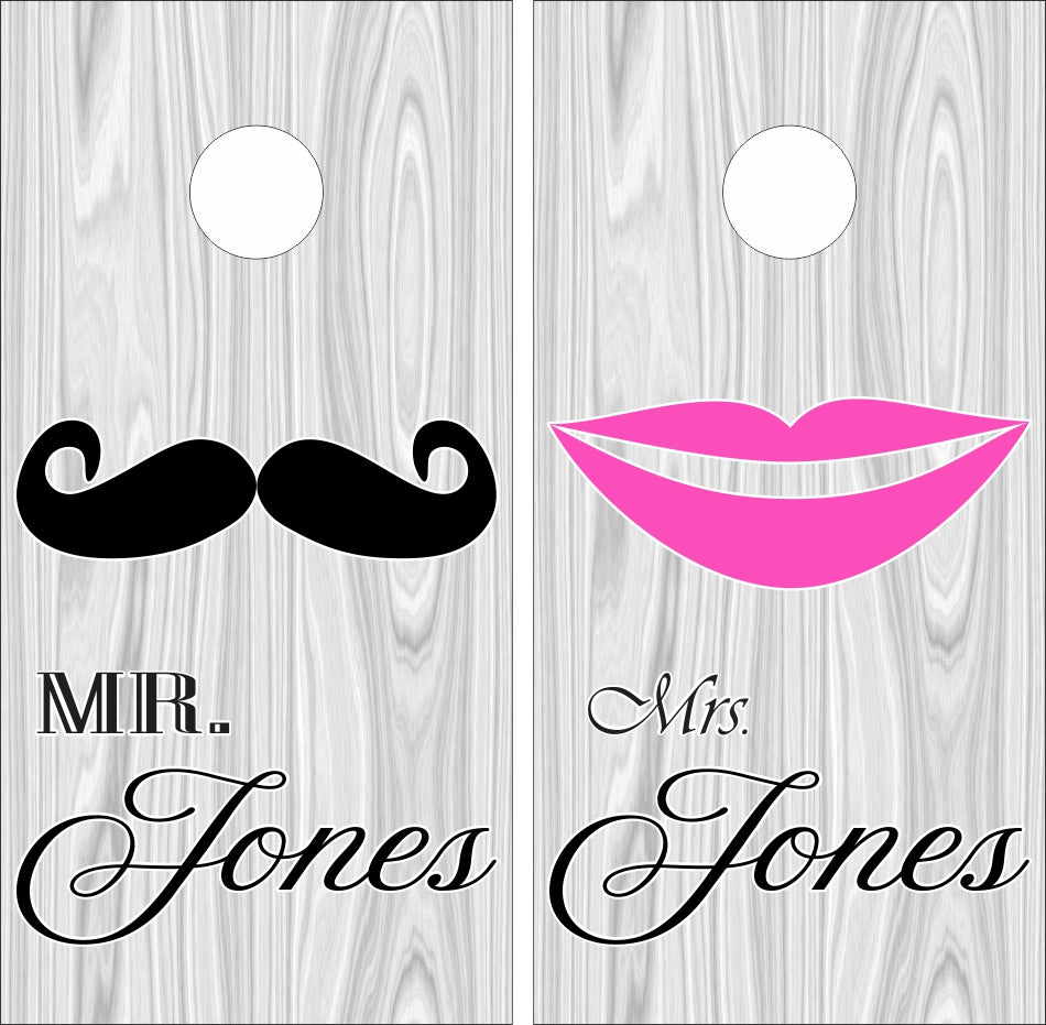 Mr & Mrs Mustache Pink Lips Name on Gray Plywood Texture Cornhole Wraps
