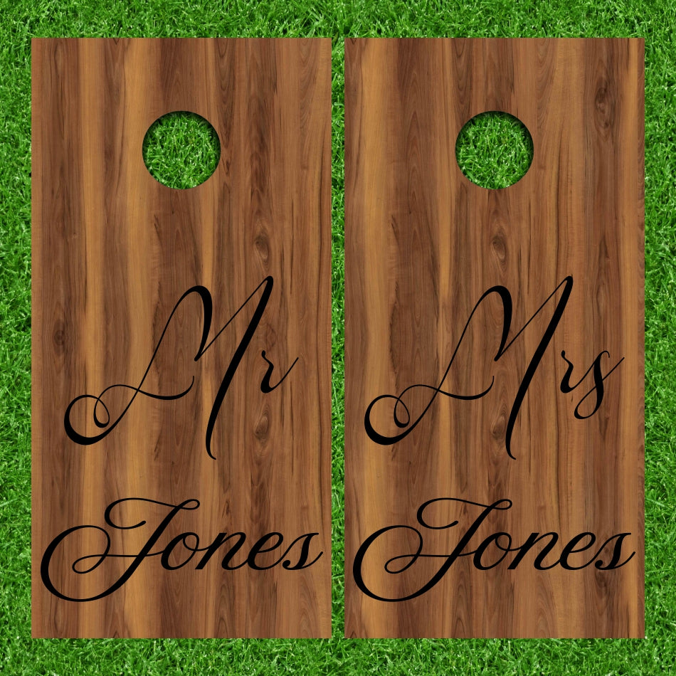 Mr & Mrs Monogram Style Name on Darker Plywood Texture Cornhole Wraps