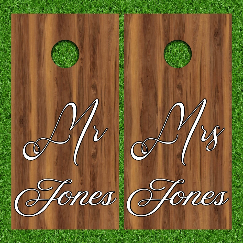 Mr & Mrs Monogram Style Name on Darker Plywood Texture Cornhole Wraps
