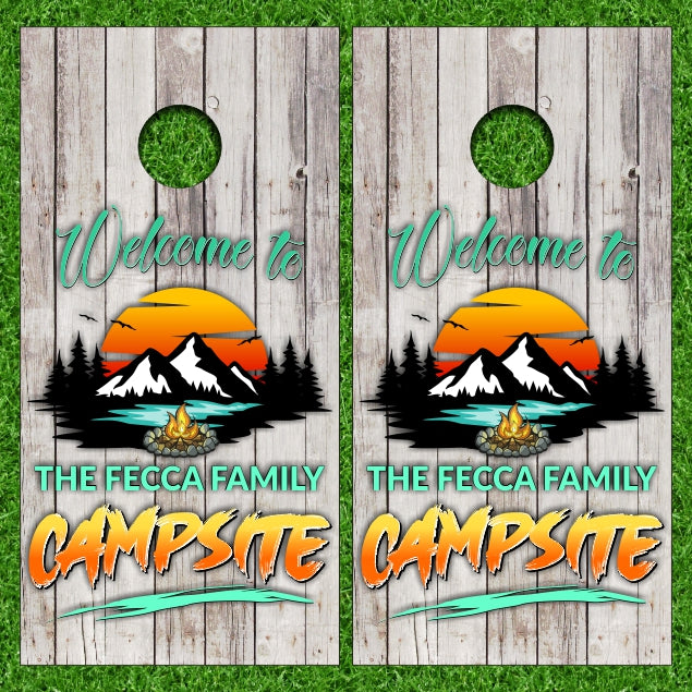 Welcome to "YOUR CUSTOM FAMILY NAME" Campsite Camping with Weathered Wood Background Cornhole Wraps