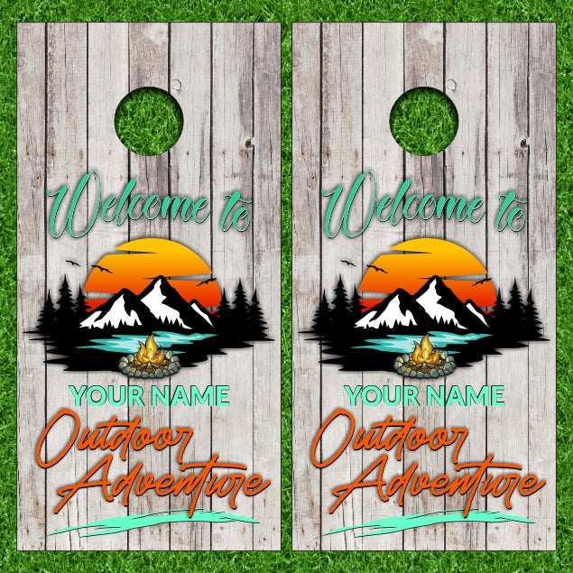 Welcome to "YOUR CUSTOM FAMILY NAME" Campsite Camping with Weathered Wood Background Cornhole Wraps