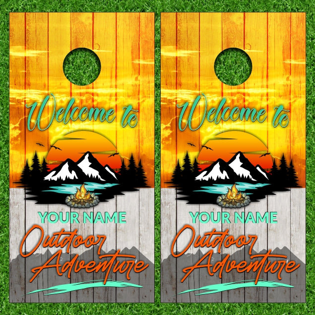 Welcome to "YOUR CUSTOM FAMILY NAME" Campsite Camping with Weathered Wood Background Cornhole Wraps