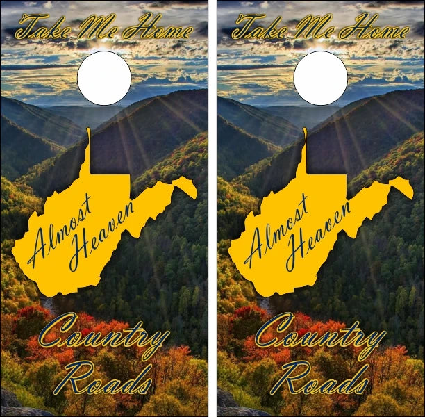 State of West Virginia Outline Map Take Me Home Country Roads with a Beautiful Mountain View Background Cornhole Wraps