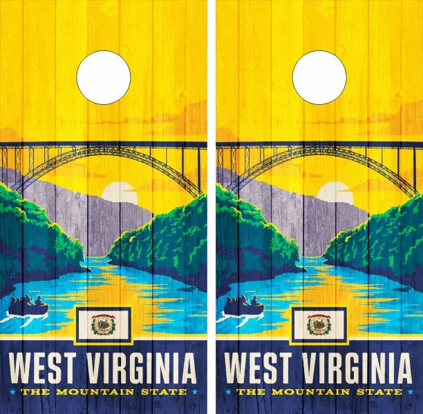 State of West Virginia Outline Map Mountain State Bridge with Weathered Wood Background Cornhole Wraps