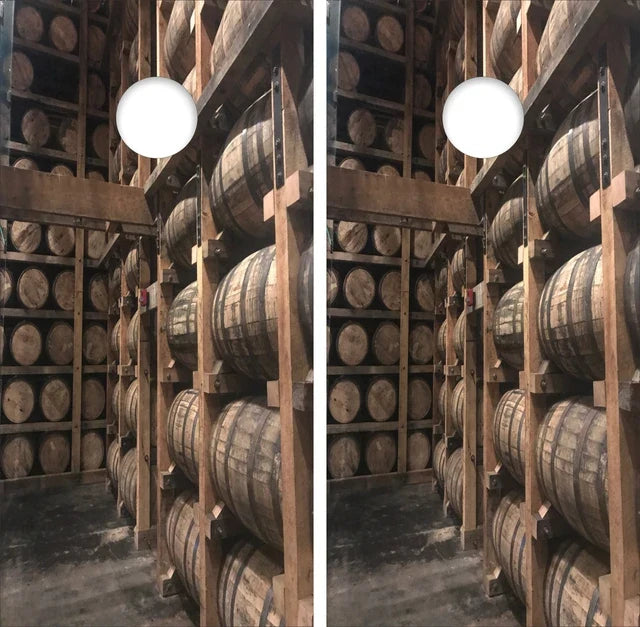Whiskey Barrel Storage Background Cornhole Wraps