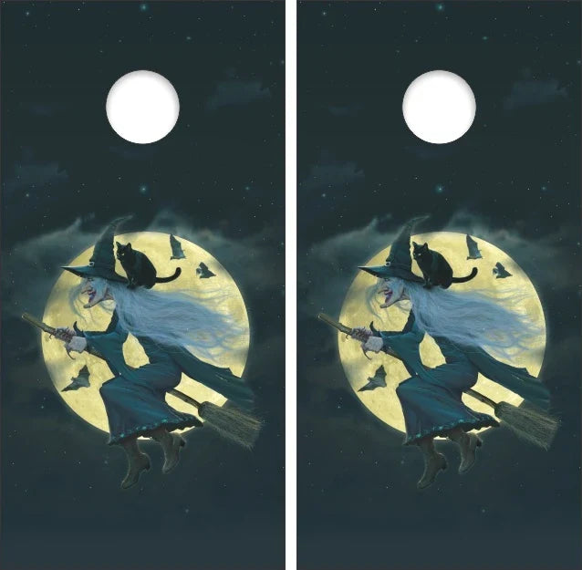 Spooky Flying Witch Halloween Cornhole Wraps