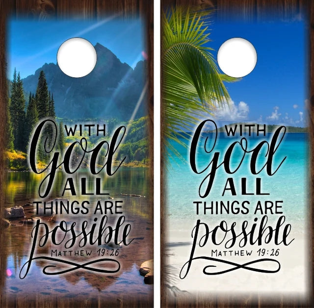 Matthew 19:26 With God All Things Are Possible Bible Verse with a Tropical Beach Background Cornhole Wraps