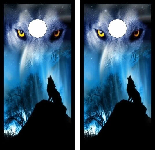 Sitting Howling Wolf On Mountain Top with Full Moon Background Cornhole Wraps