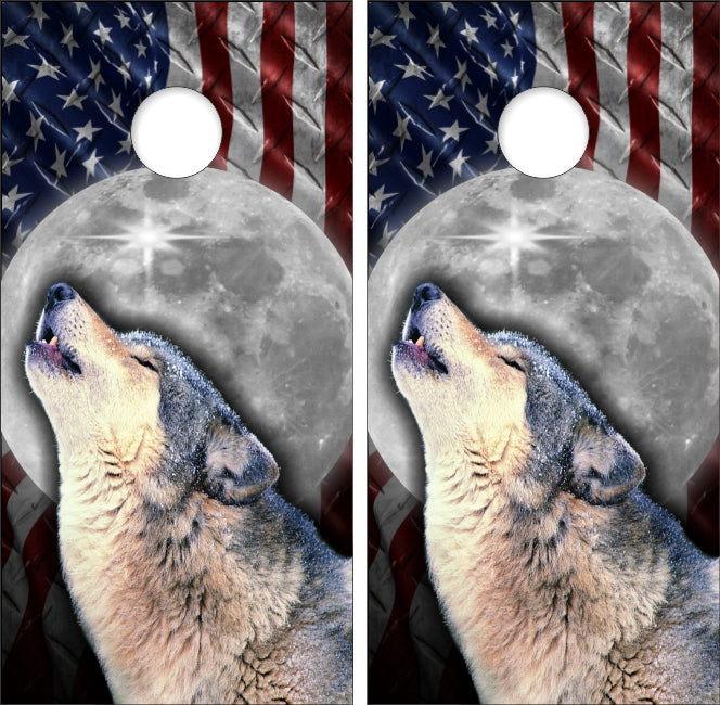 Howling Wolf with a Moon on American Flag Diamond Plate Textured Flag Background Cornhole Wraps