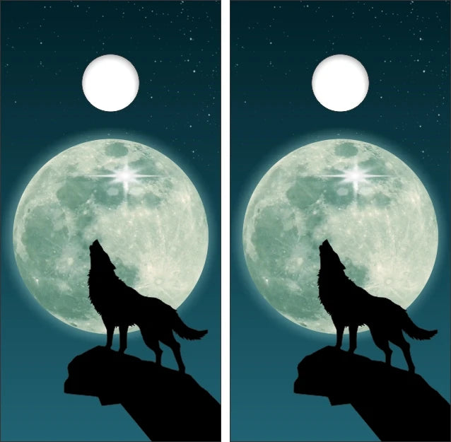 Standing Howling Wolf On Mountain Top with Full Moon Background Cornhole Wraps