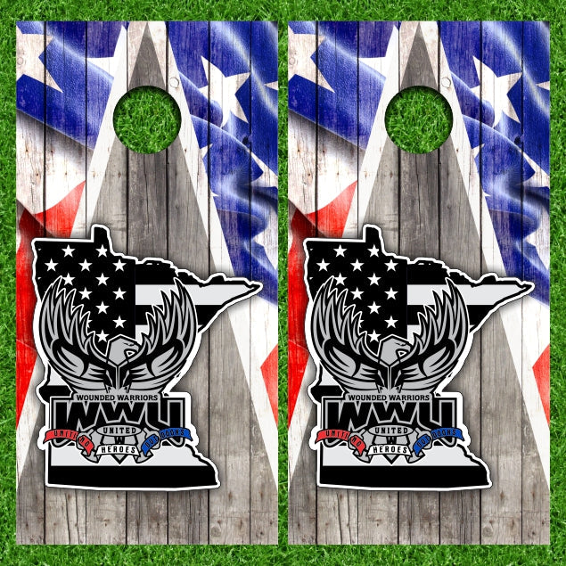 Wounded Warriors United Heroes with Triangle Weathered Wood American Flag Background Cornhole Wraps
