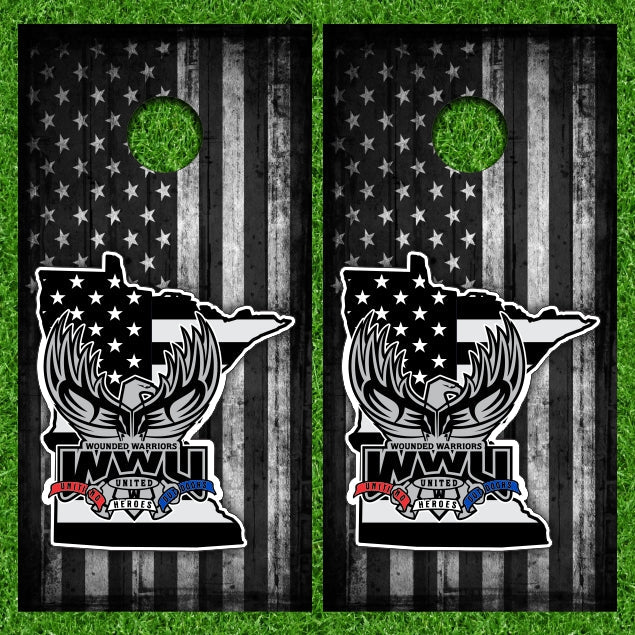 Wounded Warriors United Heroes with Gray Grunge American Flag Background Cornhole Wraps