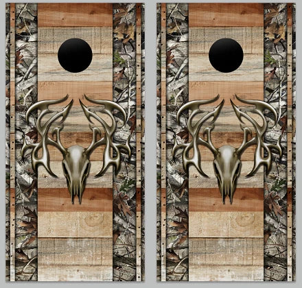 Deer Buck Skeleton Bone Skull Head with Camo & Wood Background Cornhole Wraps