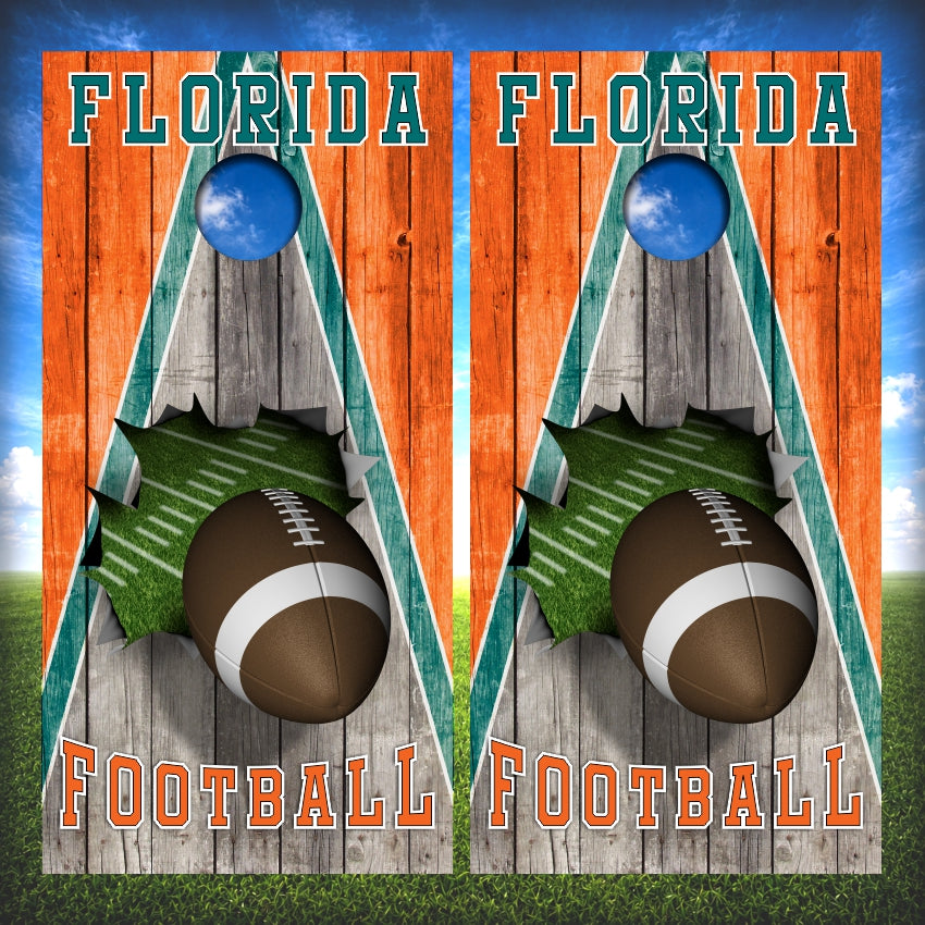Aqua and Orange Florida Football Cornhole Wraps Wood Triangle