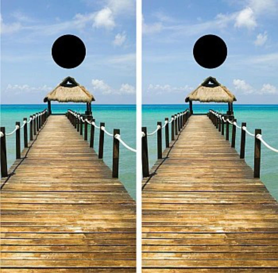 Beach Pier Dock with Hut Sandy Tropical Ocean Waves Cornhole Wraps