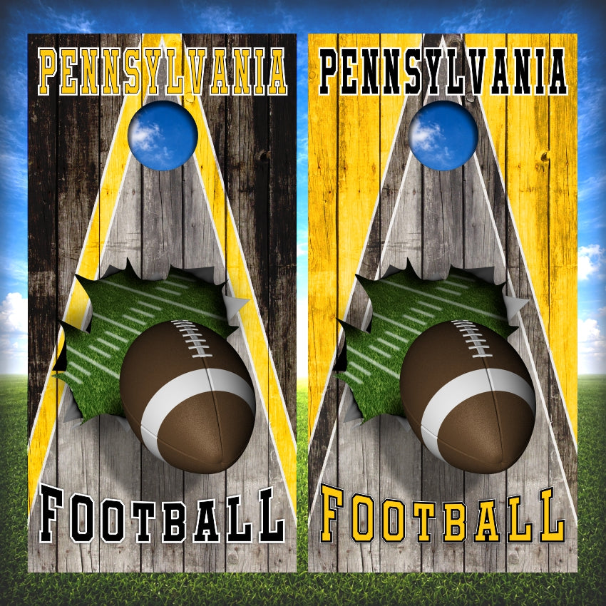 Black and Gold Pennsylvania Football Cornhole Wraps Wood Triangle