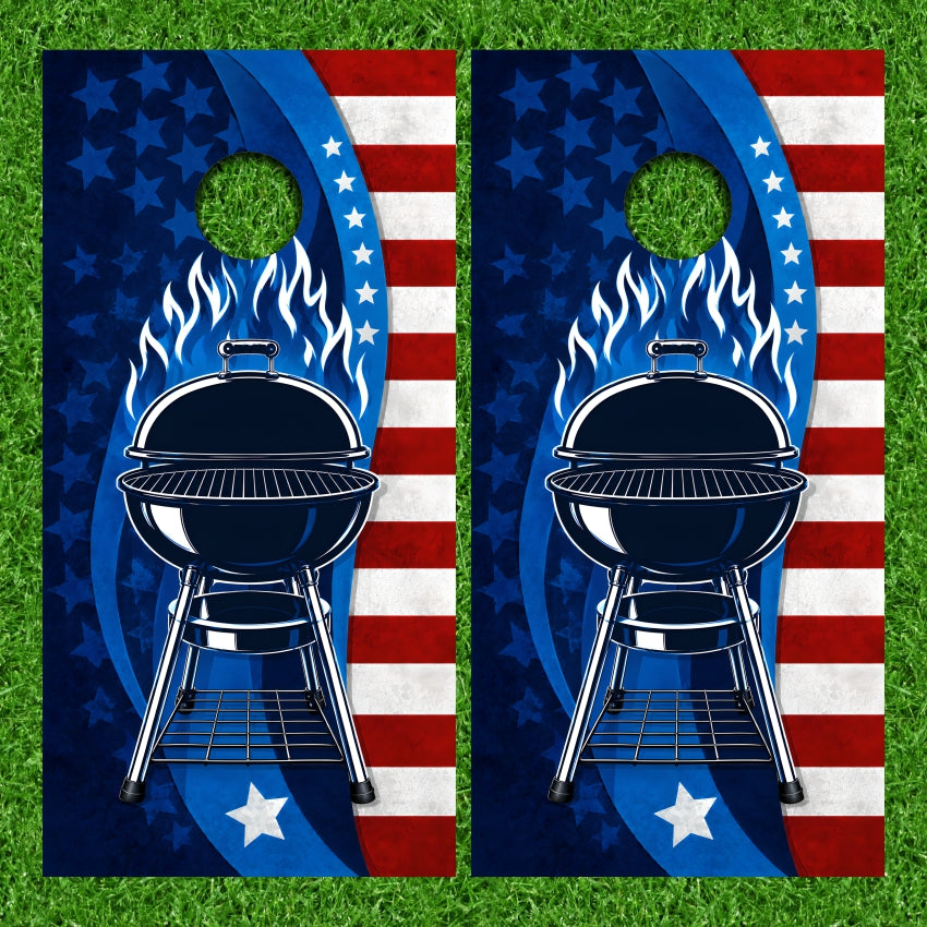 Blue Flame with Lid Patriotic American Flag Kettle Style Charcoal BBQ Grill Cornhole Board Vinyl Wraps Set