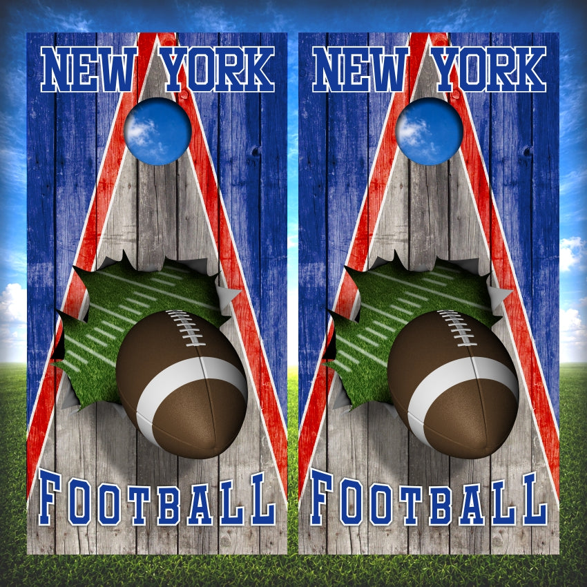 Royal Blue and Red New York Football Cornhole Wraps Wood Triangle