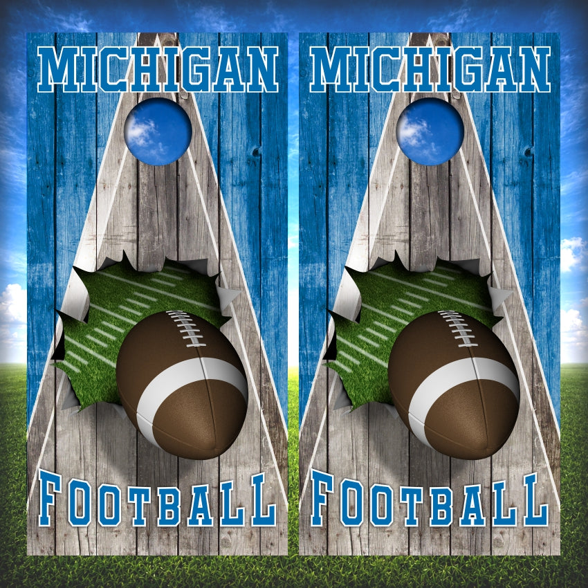 Blue and Silver Michigan Football Cornhole Wraps Wood Triangle