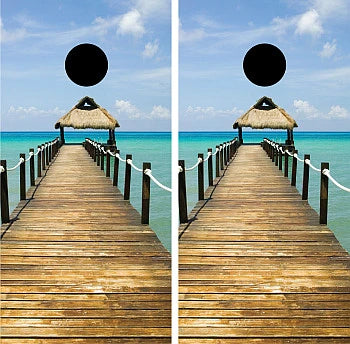 Beach Pier Dock with Hut Sandy Tropical Ocean Waves Cornhole Wraps