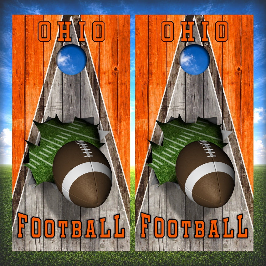 Brown and Orange Ohio Football Cornhole Wraps Wood Triangle
