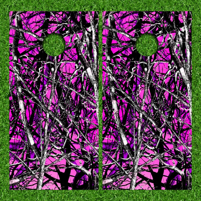 Chic Pink Camo Tree Branch Hunting Cornhole Wraps