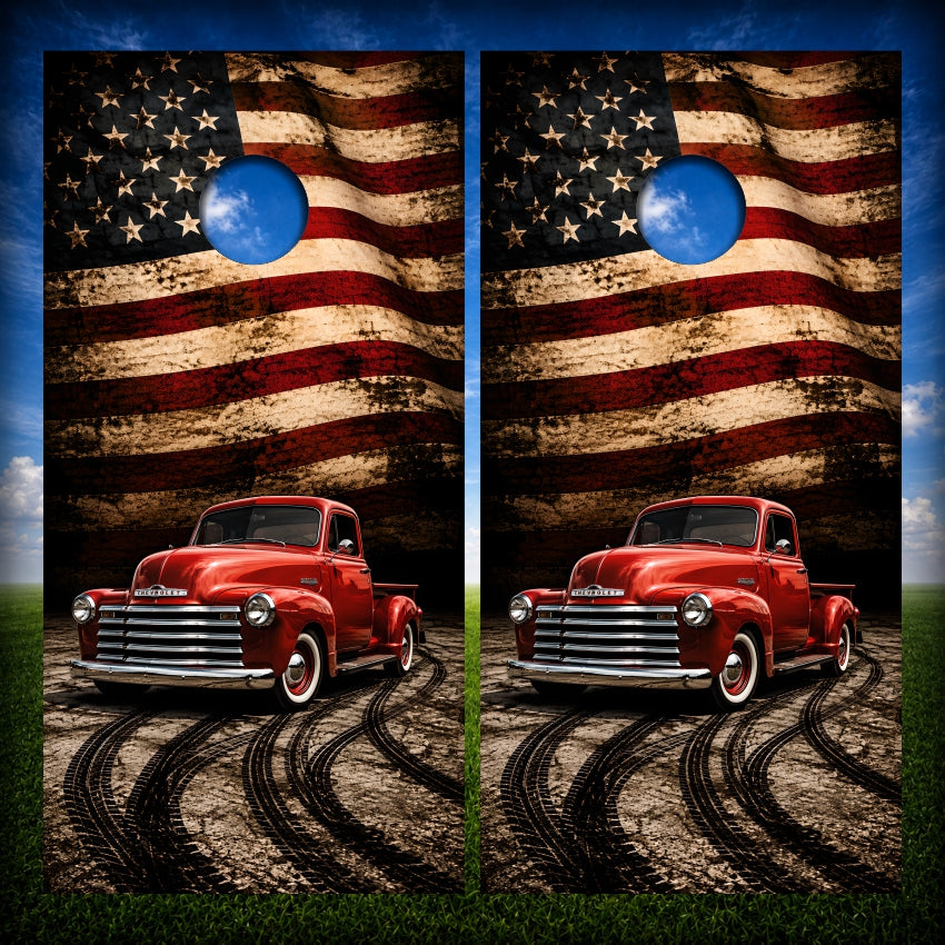 Classic Red Antique Truck American Flag Skid Tire Marks Cornhole Wraps