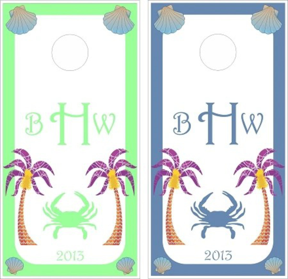 Palm Tree Crabs with Custom Monogram Cornhole Wraps
