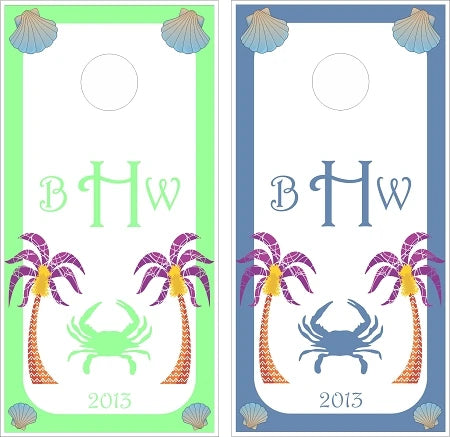 Palm Tree Crabs with Custom Monogram Cornhole Wraps