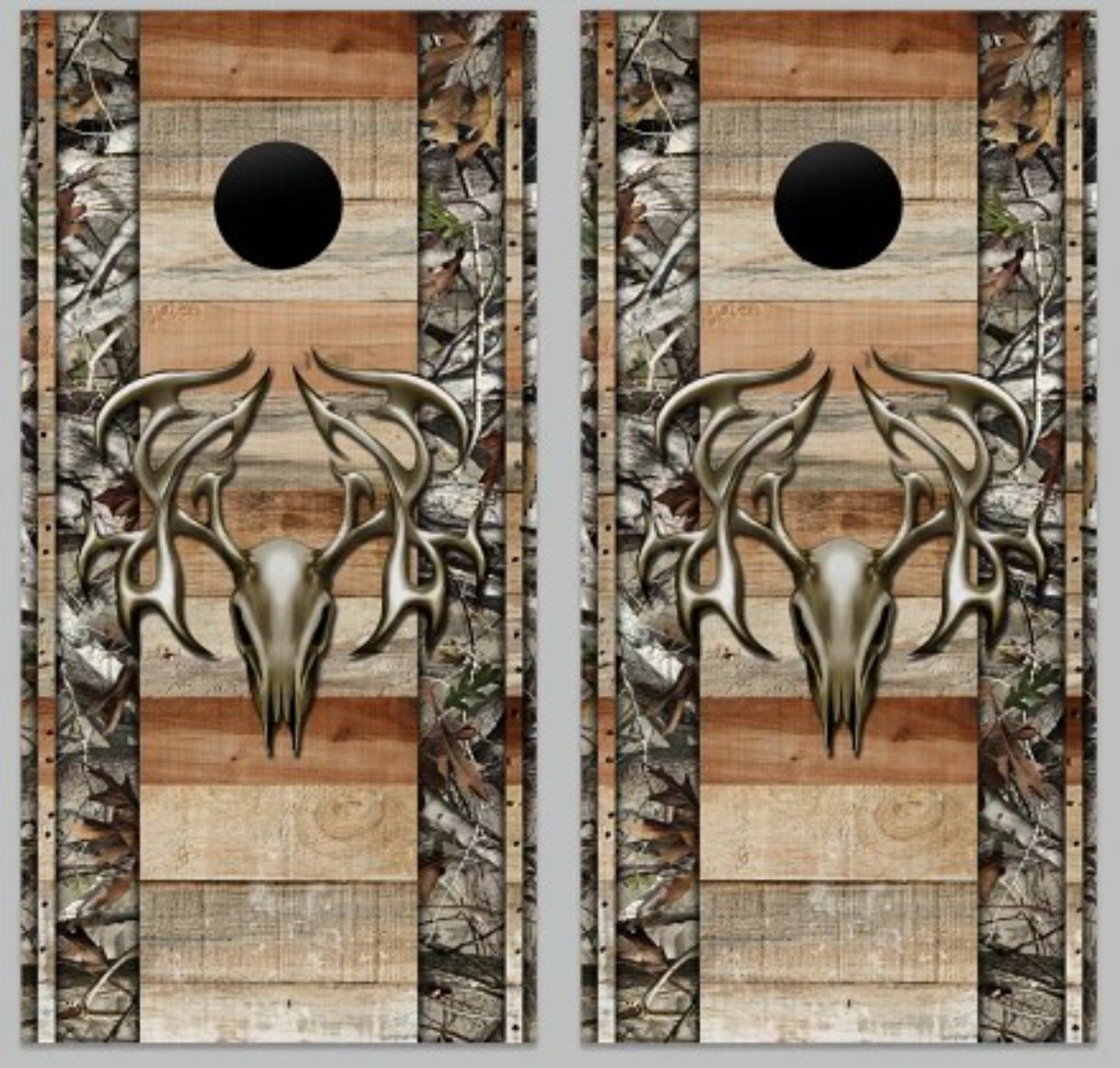 Deer Buck Skeleton Bone Tribal Skull Head Camo and Distressed Wood Background Cornhole Board Vinyl Wraps Set