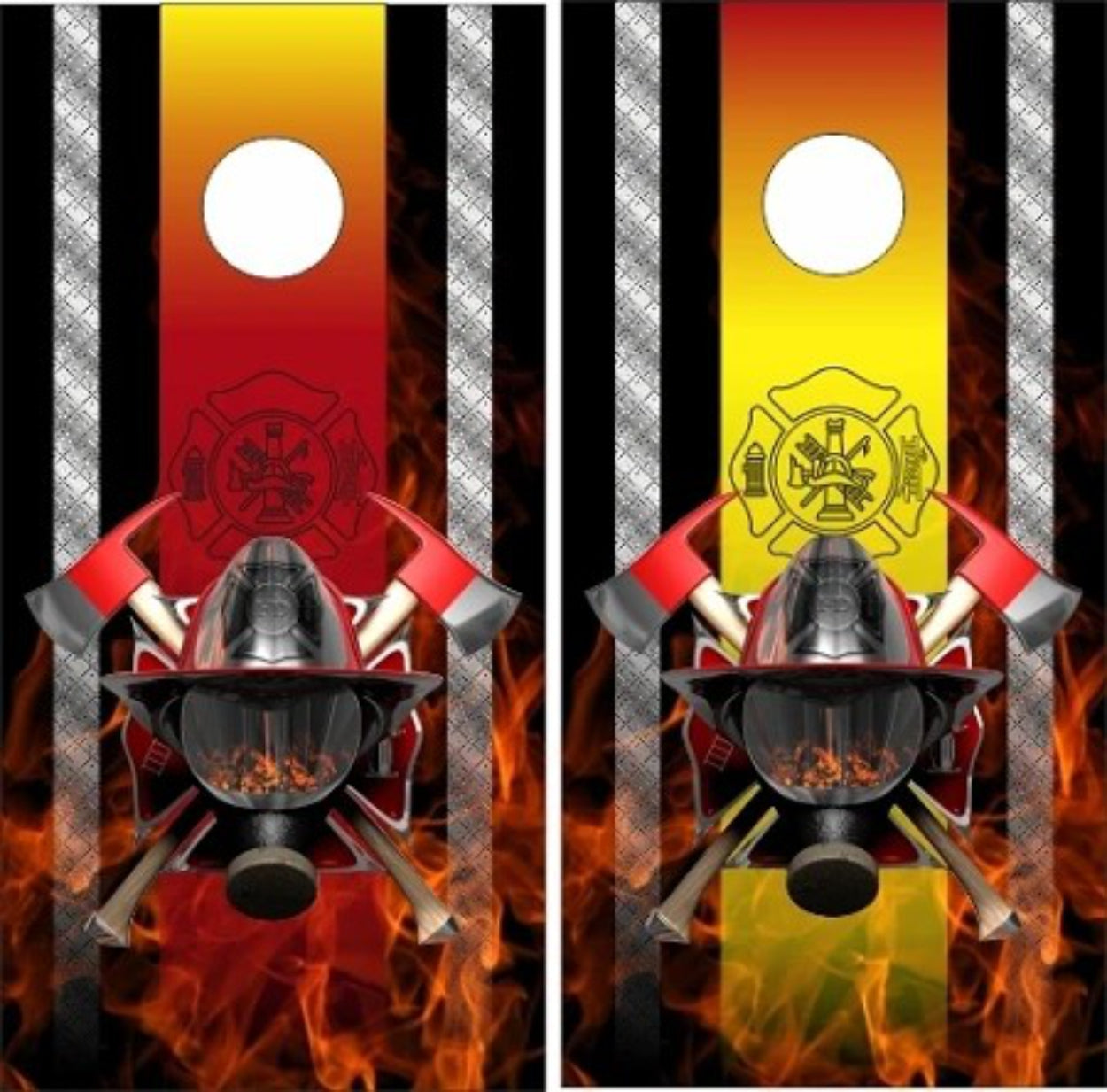 1st Responder Firefighter Helmet Axe with Fire Flames Diamond Plate Stripe Background Cornhole Wraps