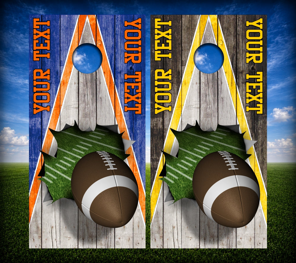 Triangle Screaming Football Cornhole Wraps Weathered Wood Custom Text