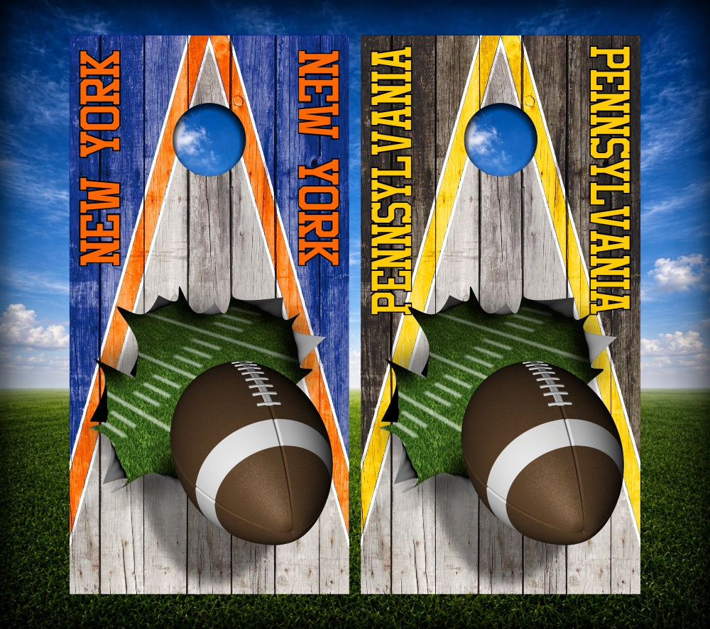 Triangle Screaming Football Cornhole Wraps Weathered Wood Custom Text