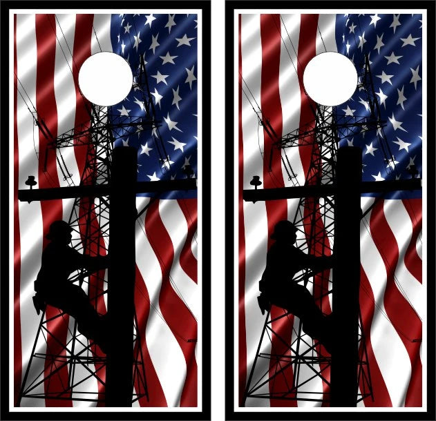1st Responders Lineman with American Flag Background Cornhole Wraps