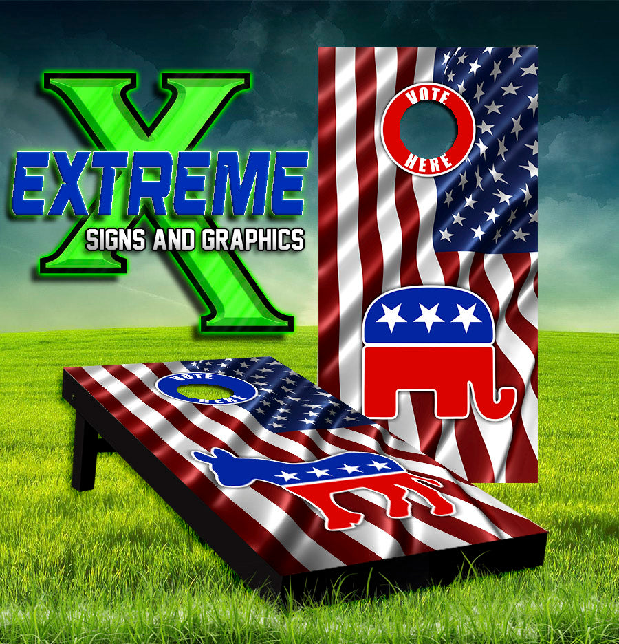 Political Party Donkey and Elephant American Flag Cornhole Board Vinyl Wraps Set