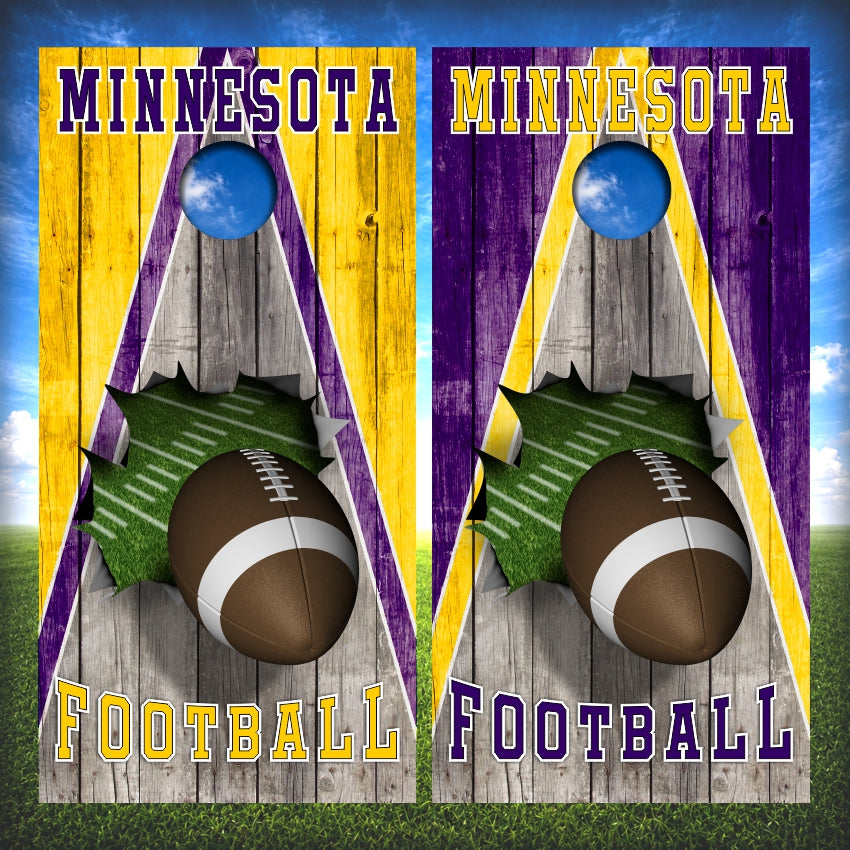 Purple and Gold Minnesota Football Cornhole Wraps Wood Triangle
