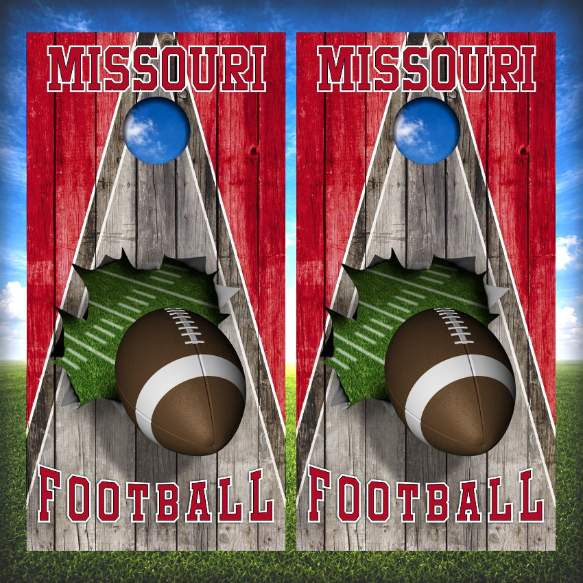 Red and Gold Missouri Football Cornhole Wraps Wood Triangle