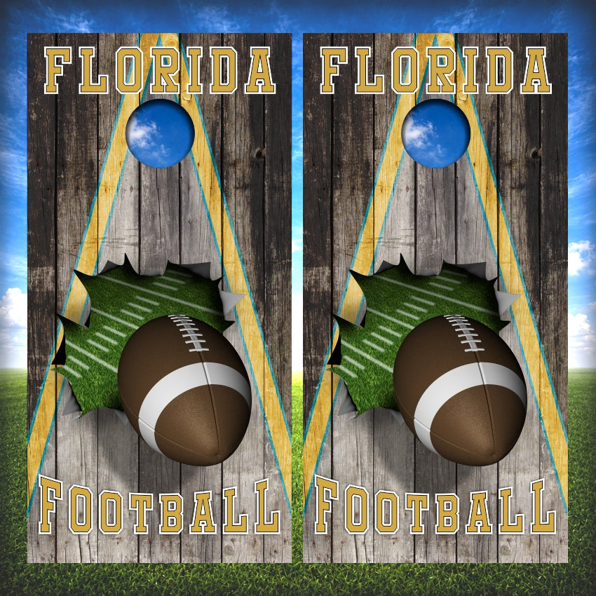 Teal and Black Florida Football Cornhole Wraps Wood Triangle