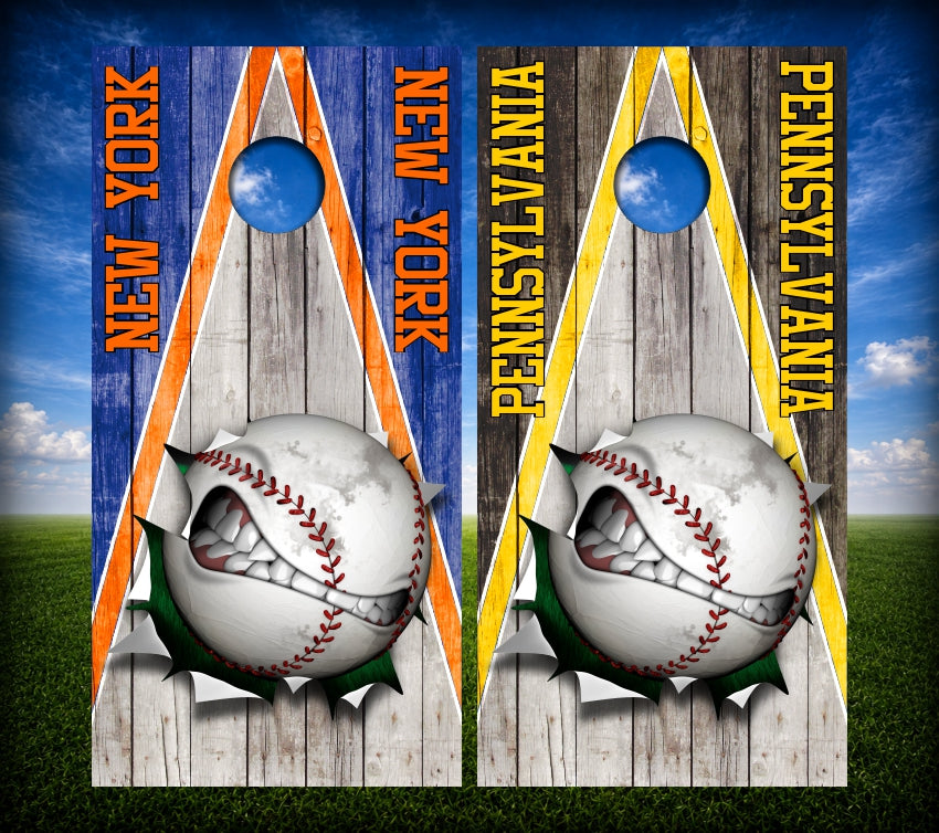 Triangle Screaming Baseball Ball Cornhole Wraps Weathered Wood Custom Text