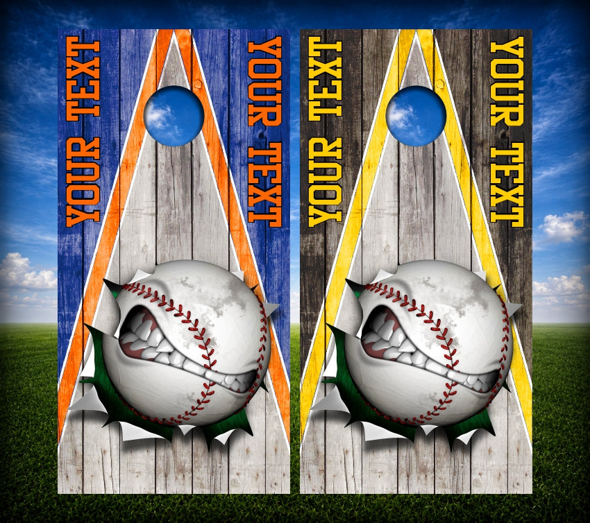 Triangle Screaming Baseball Ball Cornhole Wraps Weathered Wood Custom Text