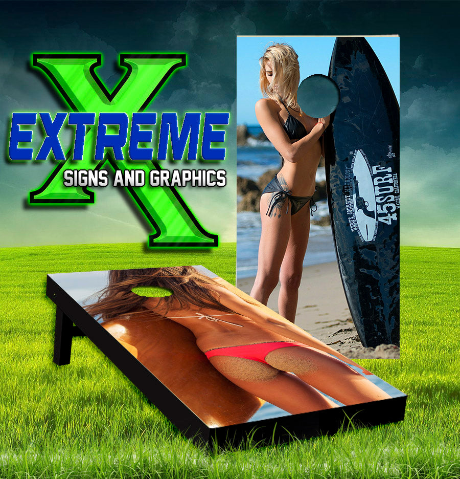 Tropical Beach Resort Vacation Surfboards Graphic Outdoor Cornhole Board Vinyl Wraps Set