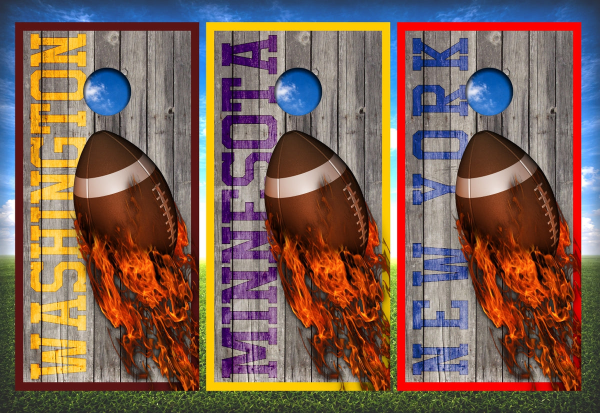 Flaming Fire Football Cornhole Wraps Weathered Wood Text